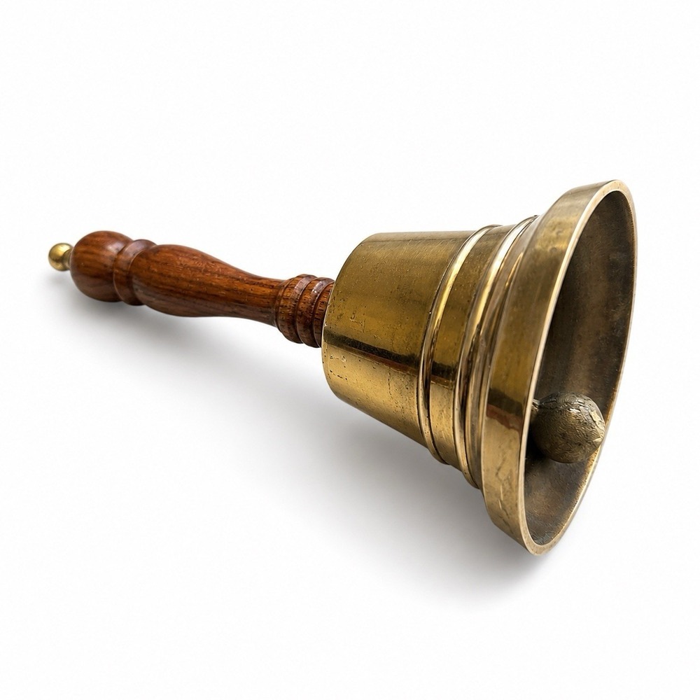 Vintage Heavy Solid Brass Hand Bell Wood Handle Loud Farmhouse Tavern Decor - Picture 7 of 7